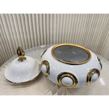 Decoratieve druppelvormige pot met deksel keramiek wit goud 2   kopie