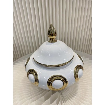 Decoratieve druppelvormige pot met deksel keramiek wit goud 3   kopie