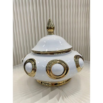 Decoratieve druppelvormige pot met deksel keramiek wit goud 4   kopie